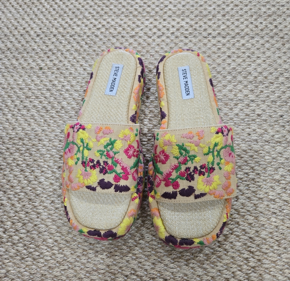 Steve Madden Floral Embroidered Slide Sandals - Yellow Multicolor